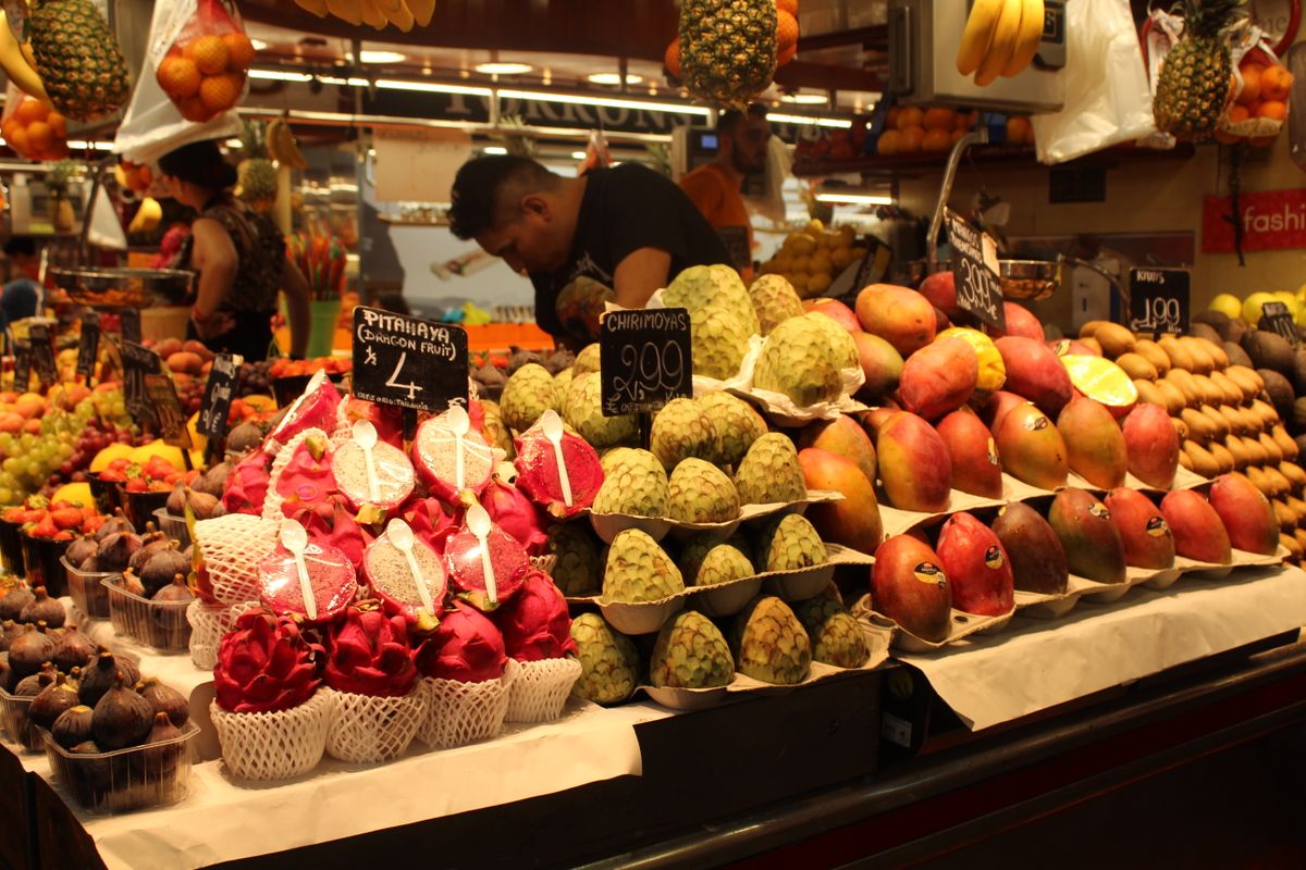 Stalls of fruit and produce at the Boqueria market off La Rambla